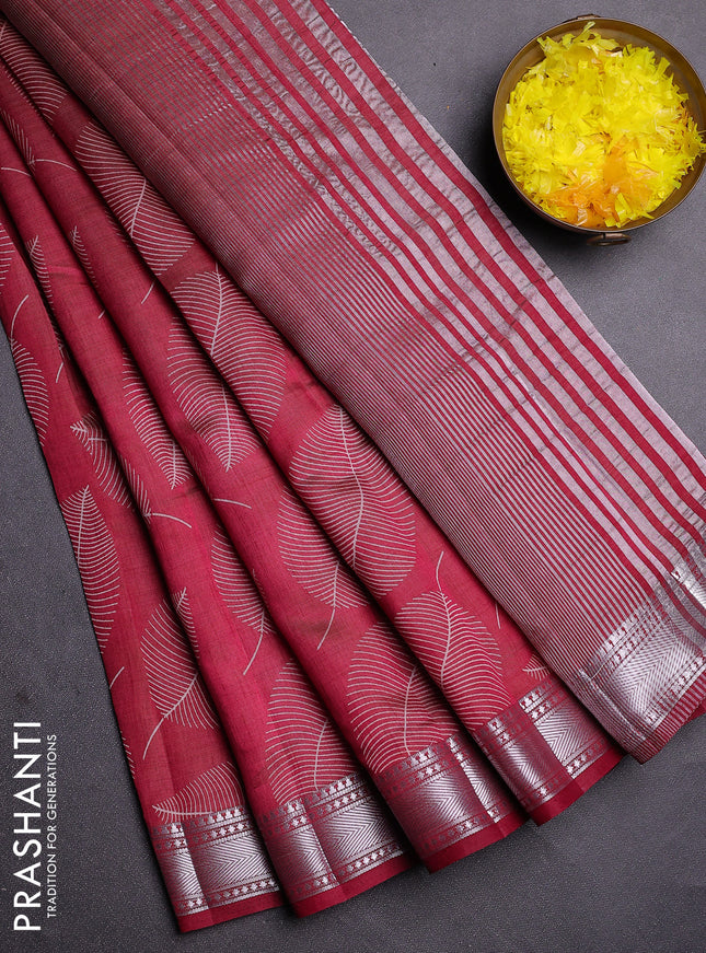 Semi raw silk saree deep maroon with allover leaf butta prints and zari woven border