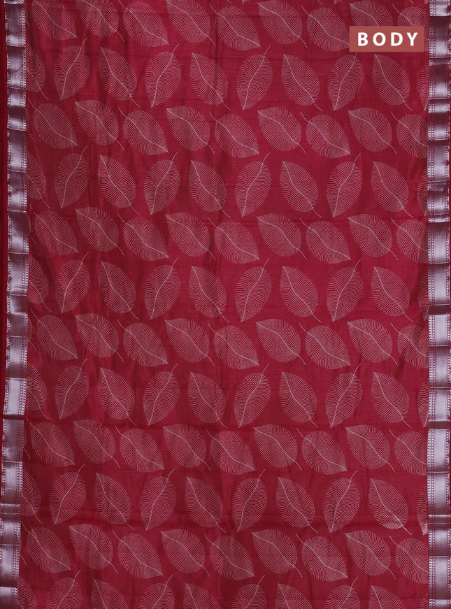 Semi raw silk saree deep maroon with allover leaf butta prints and zari woven border