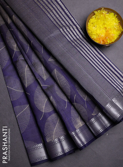 Semi raw silk saree navy blue with allover leaf butta prints and zari woven border