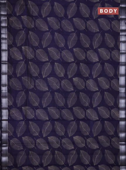 Semi raw silk saree navy blue with allover leaf butta prints and zari woven border
