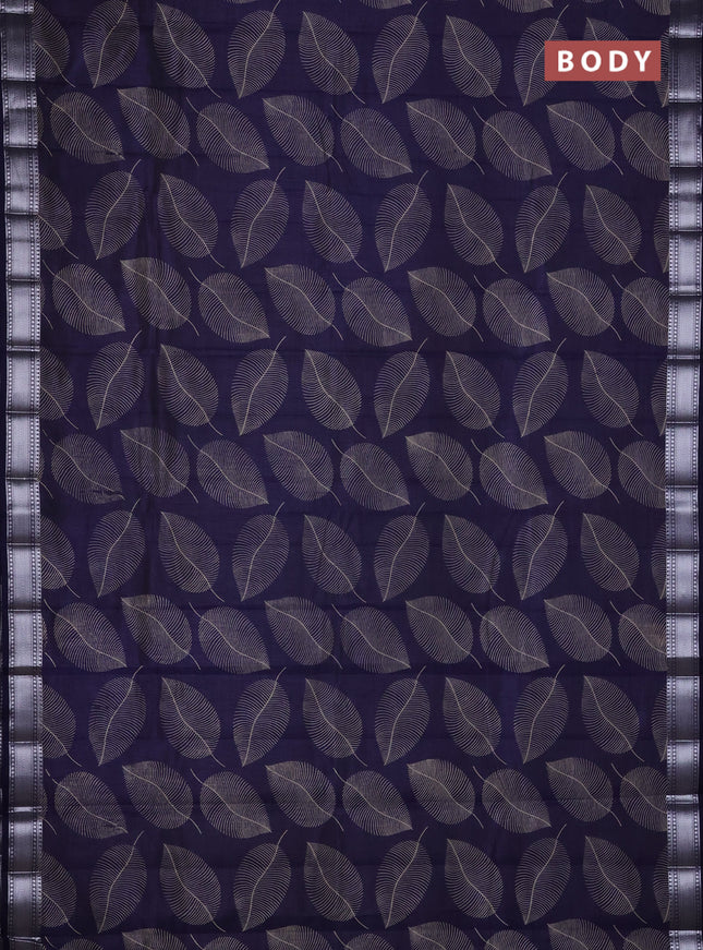 Semi raw silk saree navy blue with allover leaf butta prints and zari woven border