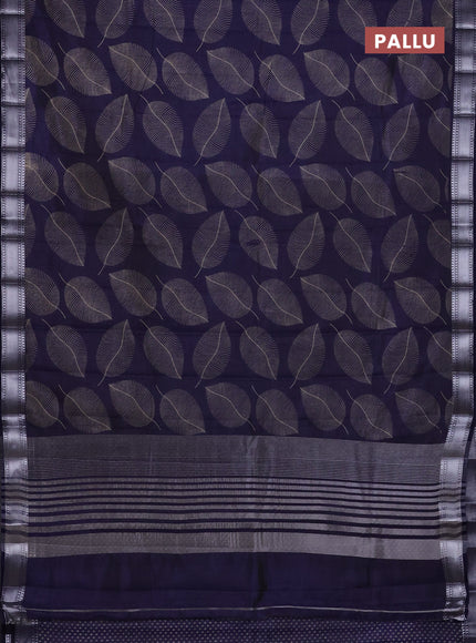 Semi raw silk saree navy blue with allover leaf butta prints and zari woven border