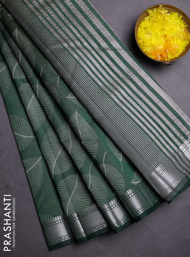 Semi raw silk saree bottle green with allover leaf butta prints and zari woven border