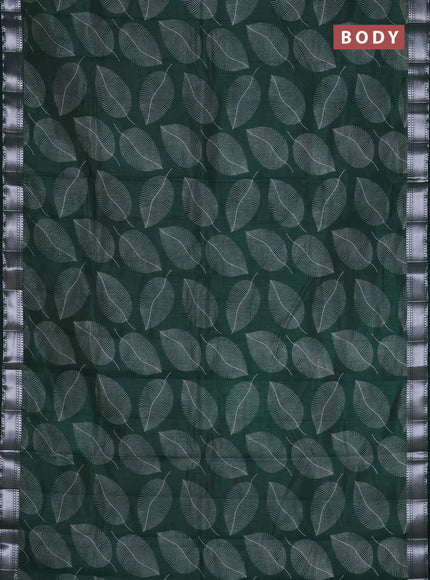 Semi raw silk saree bottle green with allover leaf butta prints and zari woven border