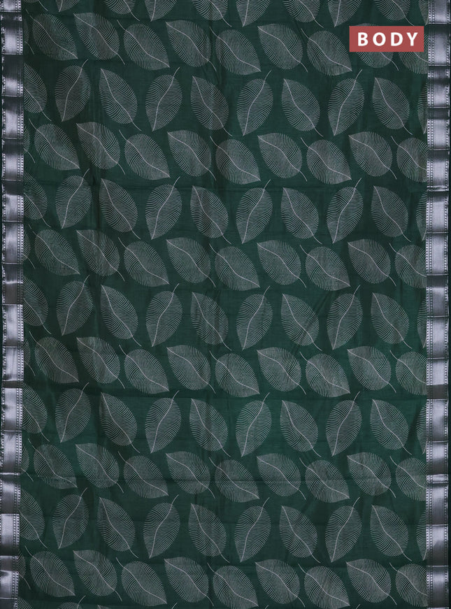 Semi raw silk saree bottle green with allover leaf butta prints and zari woven border