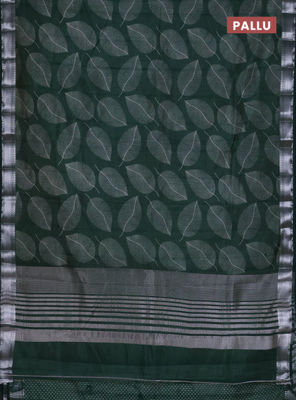 Semi raw silk saree bottle green with allover leaf butta prints and zari woven border