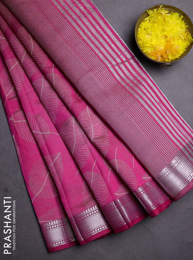 Semi raw silk saree dark pink with allover leaf butta prints and zari woven border