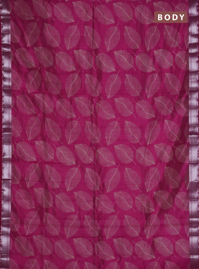 Semi raw silk saree dark pink with allover leaf butta prints and zari woven border