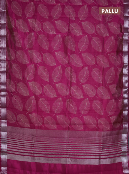 Semi raw silk saree dark pink with allover leaf butta prints and zari woven border