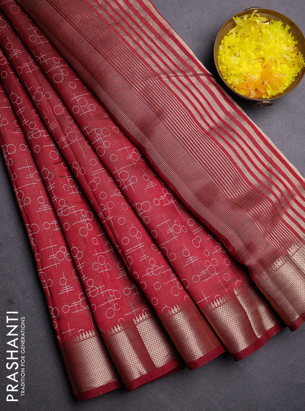 Semi raw silk saree deep maroon with allover geometric prints and zari woven border