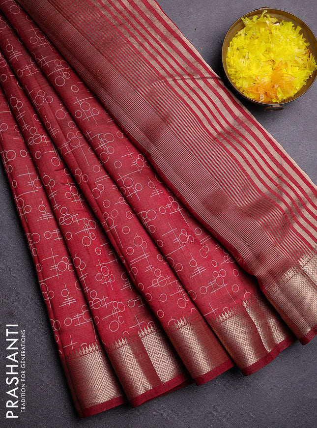 Semi raw silk saree deep maroon with allover geometric prints and zari woven border