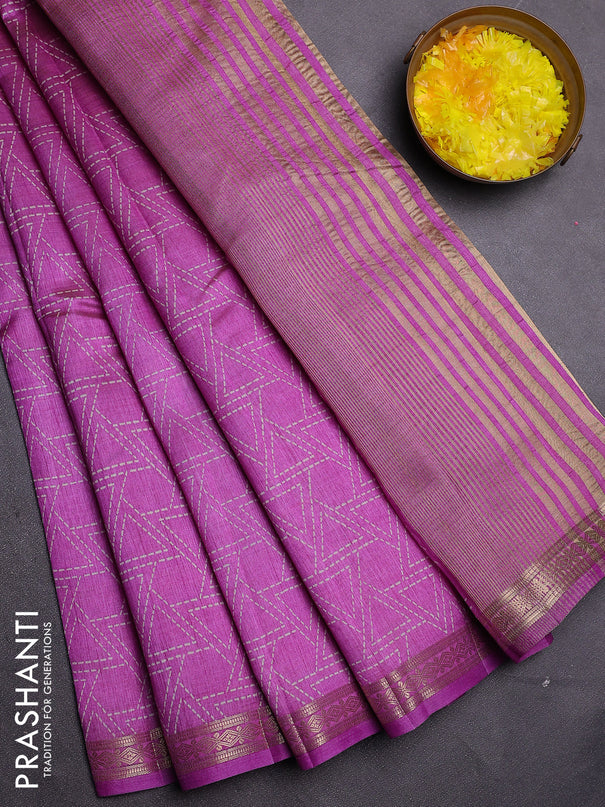 Semi raw silk saree lavender with allover geometric prints and zari woven border