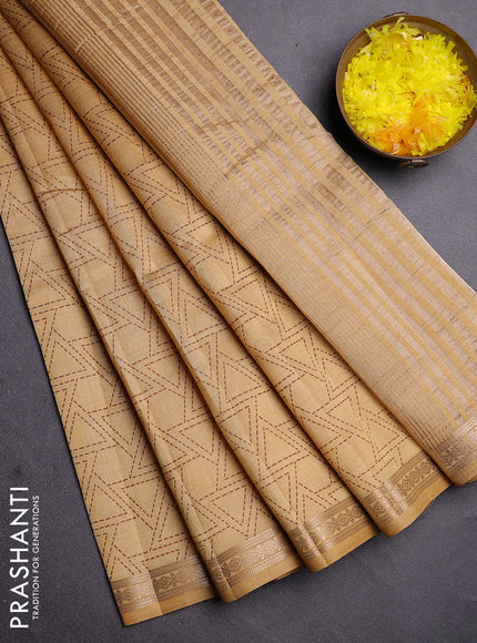 Semi raw silk saree sandal with allover geometric prints and zari woven border