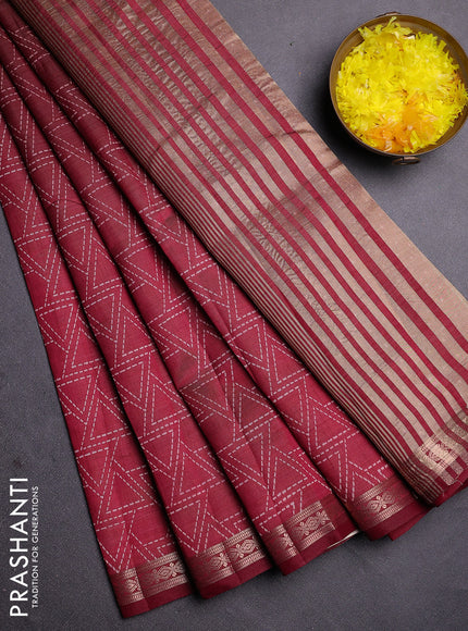 Semi raw silk saree deep maroon with allover geometric prints and zari woven border