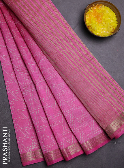 Semi raw silk saree pink with allover geometric prints and zari woven border