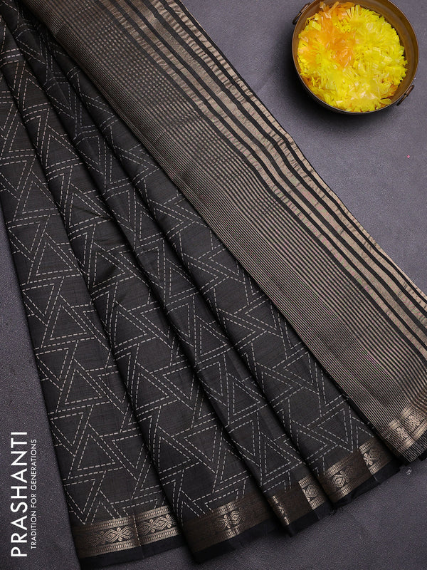 Semi raw silk saree black with allover geometric prints and zari woven border