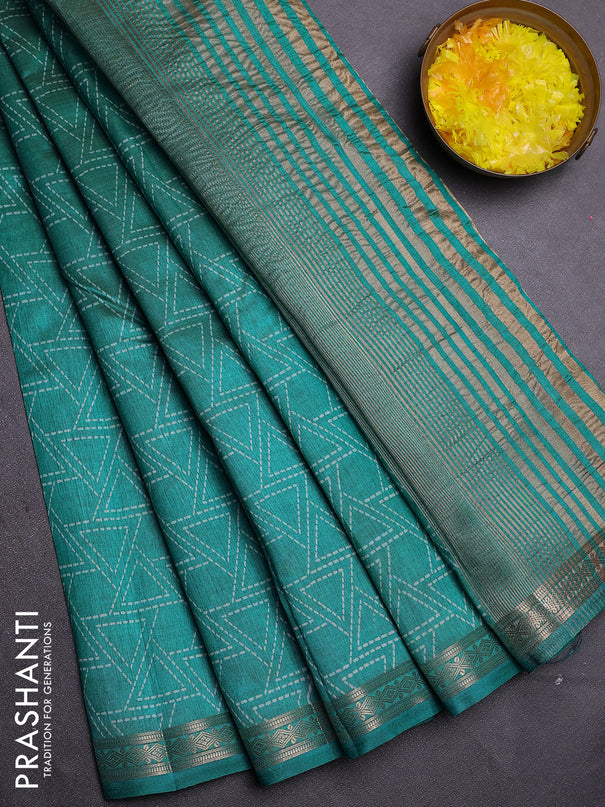 Semi raw silk saree teal blue with allover geometric prints and zari woven border