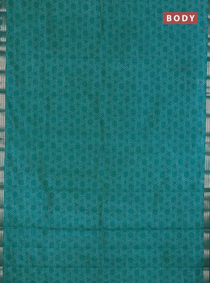 Semi raw silk saree teal blue with allover geometric prints and zari woven border