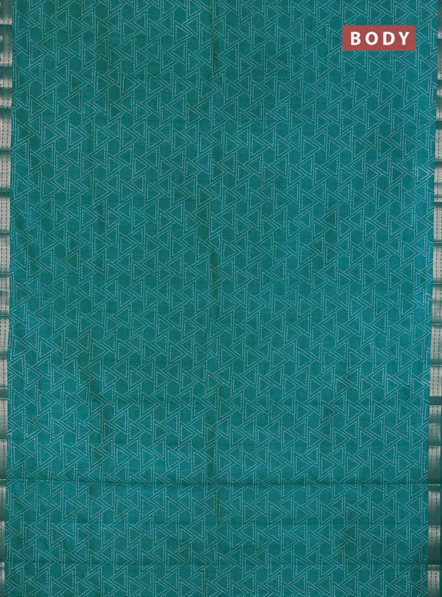 Semi raw silk saree teal blue with allover geometric prints and zari woven border