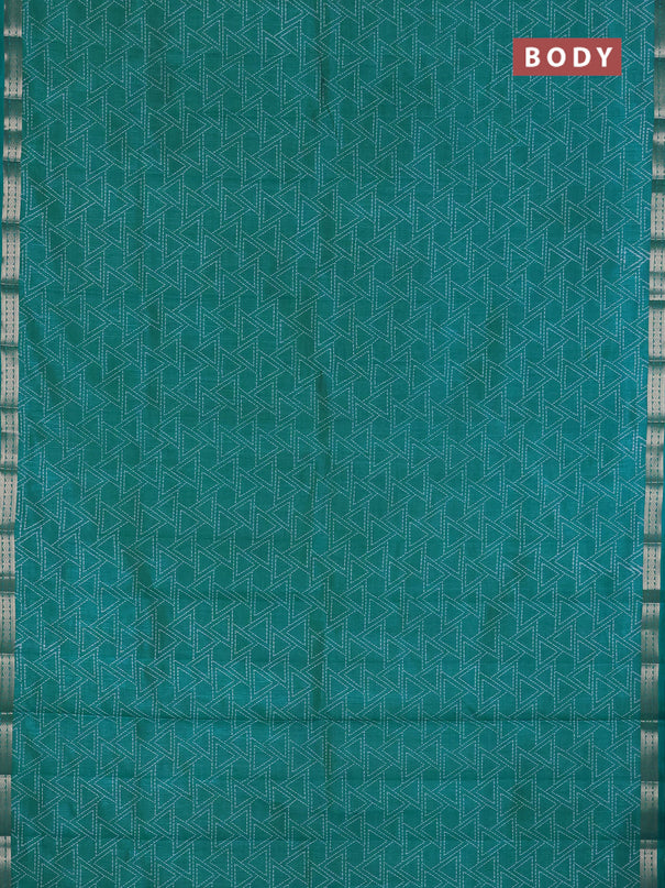 Semi raw silk saree teal blue with allover geometric prints and zari woven border