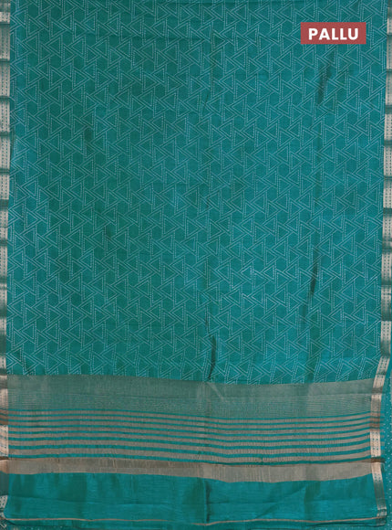 Semi raw silk saree teal blue with allover geometric prints and zari woven border