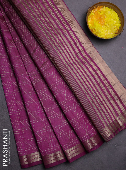 Semi raw silk saree deep purple with allover geometric prints and zari woven border