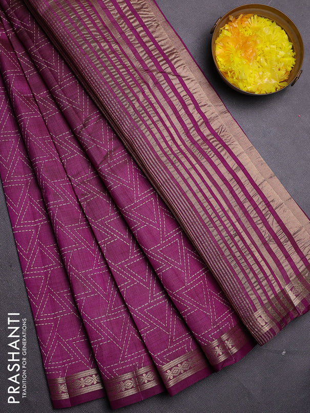 Semi raw silk saree deep purple with allover geometric prints and zari woven border