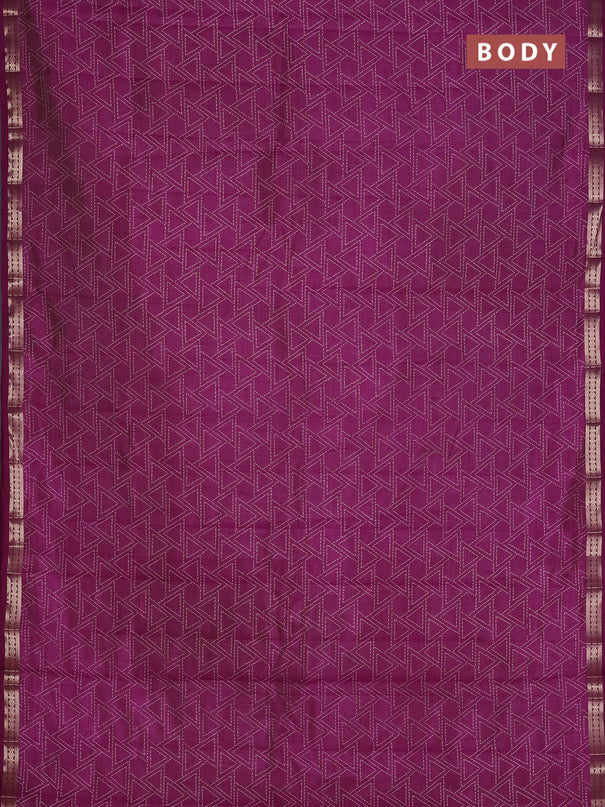Semi raw silk saree deep purple with allover geometric prints and zari woven border
