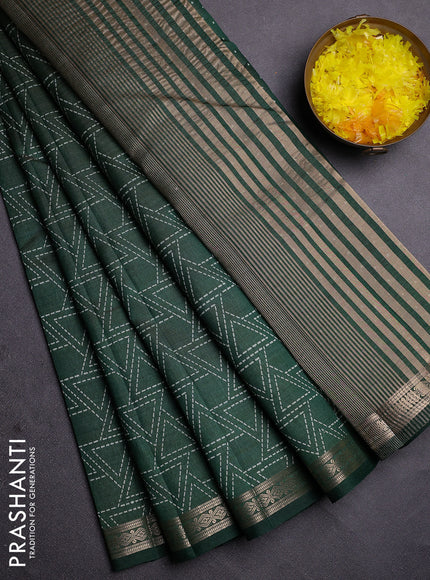 Semi raw silk saree bottle green with allover geometric prints and zari woven border