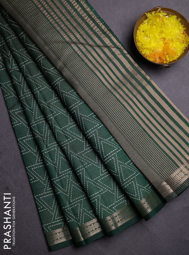 Semi raw silk saree bottle green with allover geometric prints and zari woven border