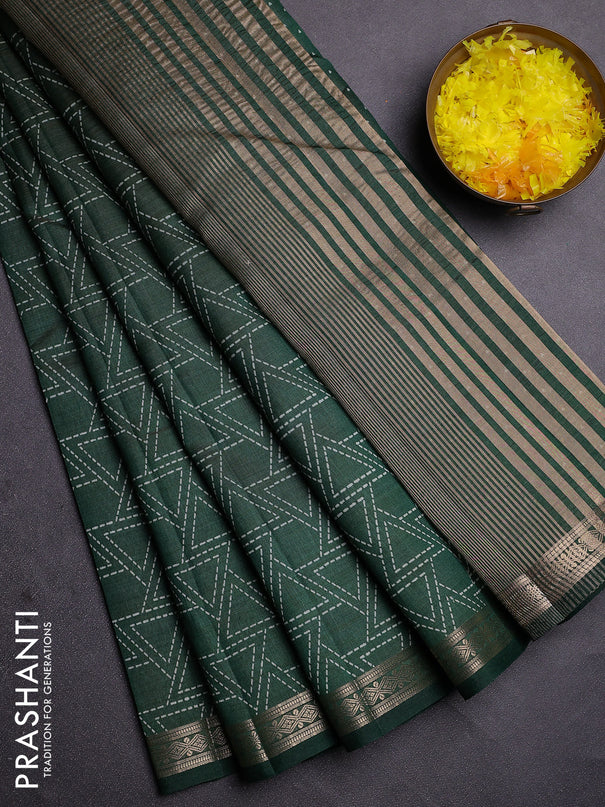Semi raw silk saree bottle green with allover geometric prints and zari woven border