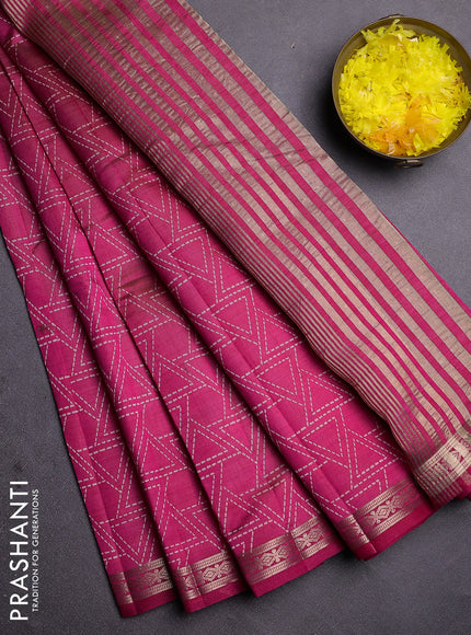 Semi raw silk saree dark pink with allover geometric prints and zari woven border