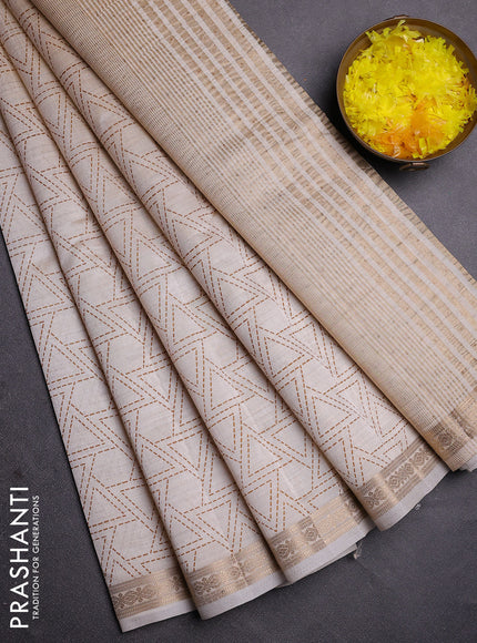 Semi raw silk saree cream with allover geometric prints and zari woven border