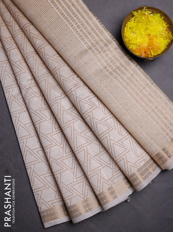Semi raw silk saree cream with allover geometric prints and zari woven border