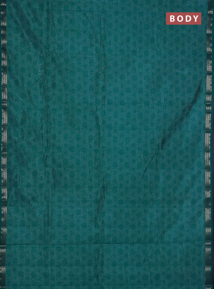 Semi raw silk saree teal blue with allover geometric prints and zari woven border