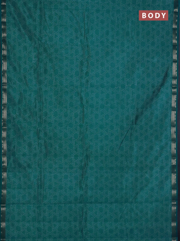 Semi raw silk saree teal blue with allover geometric prints and zari woven border
