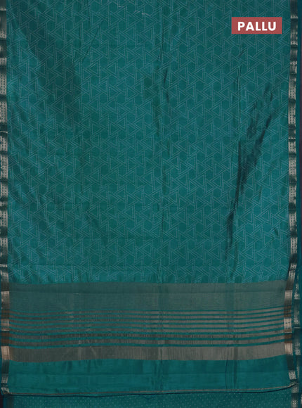 Semi raw silk saree teal blue with allover geometric prints and zari woven border