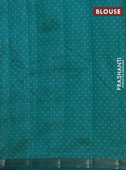 Semi raw silk saree teal blue with allover geometric prints and zari woven border