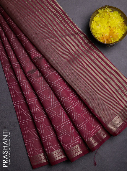 Semi raw silk saree deep maroon with allover geometric prints and zari woven border