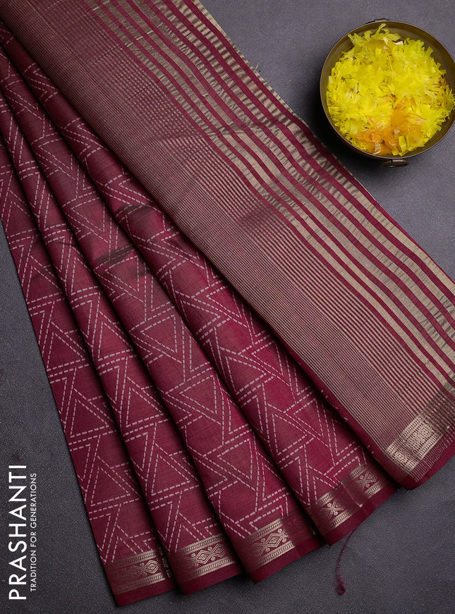 Semi raw silk saree deep maroon with allover geometric prints and zari woven border