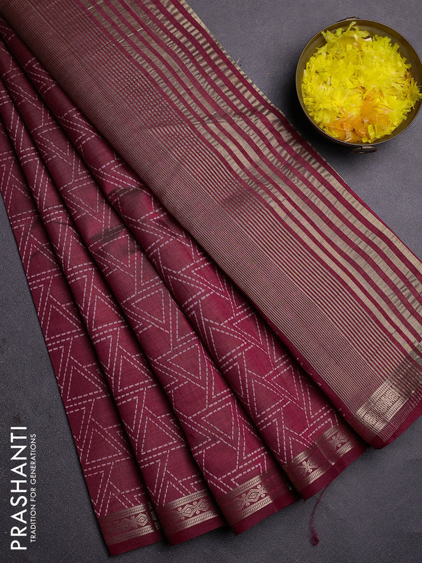 Semi raw silk saree deep maroon with allover geometric prints and zari woven border