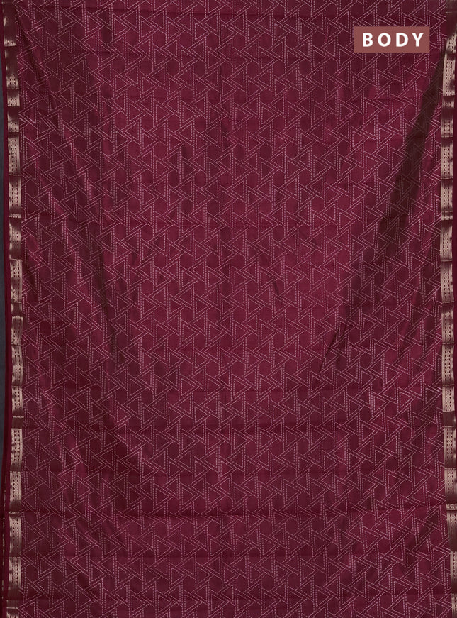 Semi raw silk saree deep maroon with allover geometric prints and zari woven border