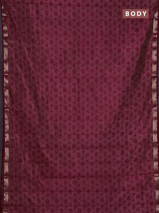 Semi raw silk saree deep maroon with allover geometric prints and zari woven border