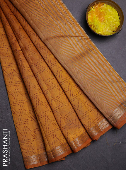 Semi raw silk saree mustard yellow with allover geometric prints and zari woven border