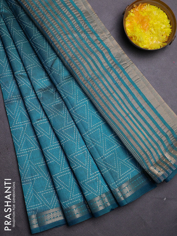 Semi raw silk saree cs blue with allover geometric prints and zari woven border