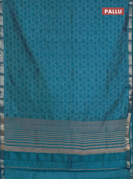 Semi raw silk saree cs blue with allover geometric prints and zari woven border