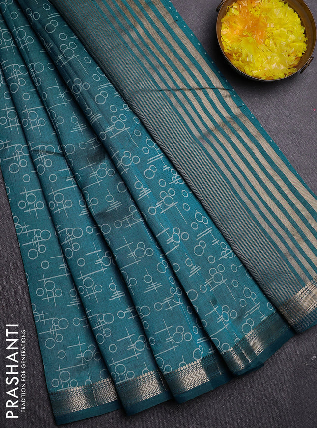 Semi raw silk saree cs blue with allover geometric prints and zari woven border