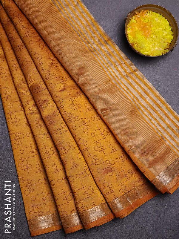 Semi raw silk saree mustard yellow with allover geometric prints and zari woven border