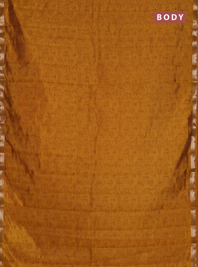 Semi raw silk saree mustard yellow with allover geometric prints and zari woven border
