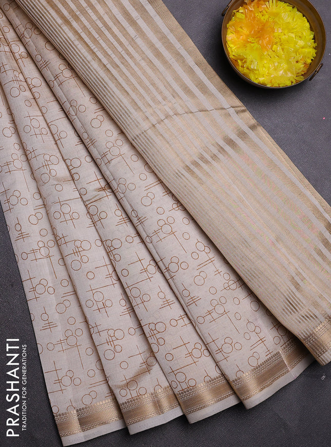 Semi raw silk saree cream with allover geometric prints and zari woven border